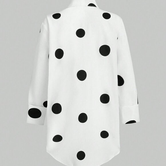 White Casual Women's Long Sleeve Polka Dot Print Loose Shirt - Picture 2 of 5